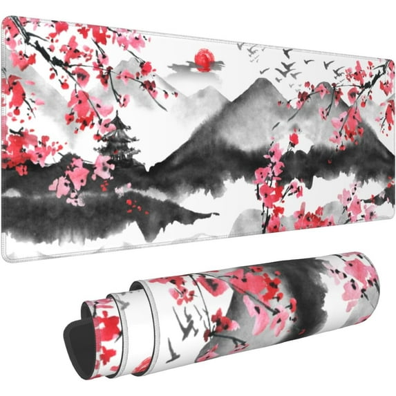 Japanese Cherry Blossom Gaming Mouse Pad 31.5 X 11.8 Inch XL Pink Watercolor Design Mousepad Extended Large Laptop Keyboard Mouse Mat Non-Slip Rubber Base with Stitched Edges for Home Office