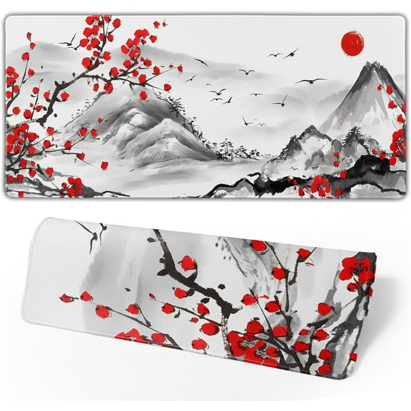 Japanese Cherry Blossom Gaming Mouse Pad 31.5x11.8 Inch Watercolor Cherry Blossom Keyboard Mat Extended Large Non-Slip Rubber Base Waterproof Japanese Desk Mat with Stitched Edges for Home Office