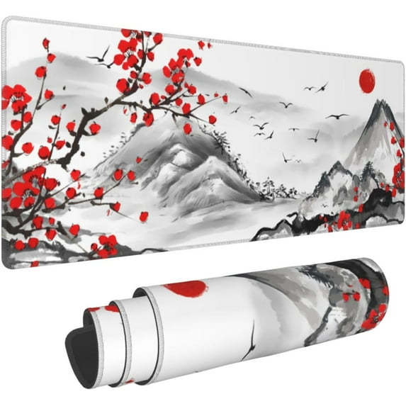 Japanese Cherry Blossom Gaming Mouse Pad 31.5x11.8 Inch Watercolor Cherry Blossom Keyboard Mat Extended Large Non-Slip Rubber Base Waterproof Japanese Desk Mat with Stitched Edges for Home Office
