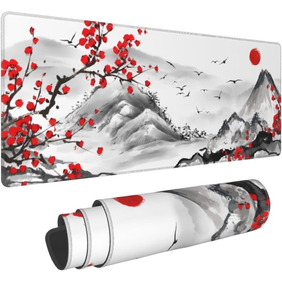 Japanese Cherry Blossom Gaming Mouse Pad 31.5x11.8 Inch Watercolor Cherry Blossom Keyboard Mat Extended Large Non-Slip Rubber Base Waterproof Japanese Desk Mat with Stitched Edges for Home Office