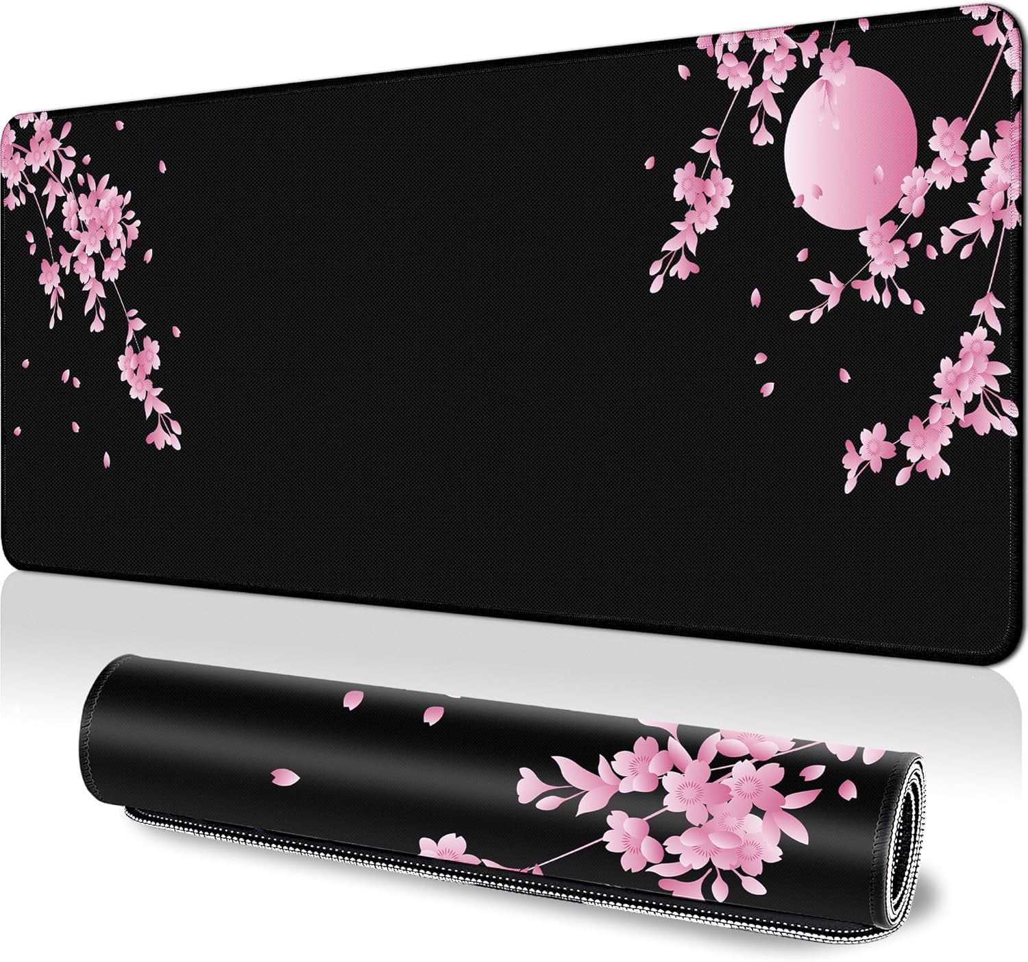 Japanese Cherry Blossom Gaming Mouse Pad Black Desk Mat, Long 31.5x11.8 Inch, Extended Big Desk Pad, Pink Flower Mousepad, NonSlip Base, Stitched Edges for Work Gaming Office