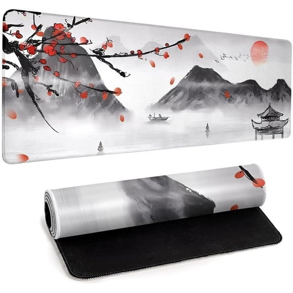Japanese Cherry Blossom Gaming Mouse Pad Large Desk Mat,Big Desk Pad with Stitched Edge Non-Slip Rubber Base,Office Decor Organizers and Accessories