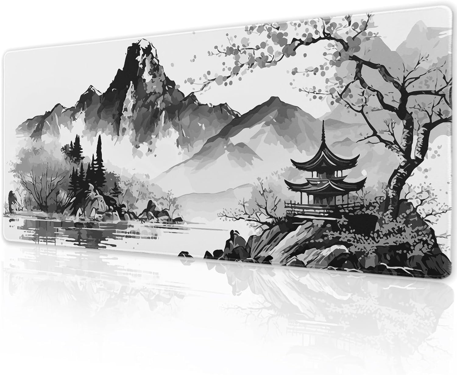Japanese Cherry Blossom Gaming Mouse Pad XL 31.5×11.8 Inch Black White Watercolor Floral Mountain Extended Mousepad 30X80cm Non-Slip Rubber Base Stitched Edge Large Desk Pad for Gamer Office Home