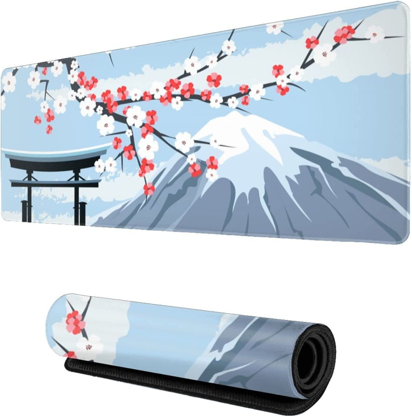 Japanese Cherry Blossom Gaming Mouse Pad XL, Extended Large Full Desk Mousepad 31.5 X 11.8 Inch, Waterproof Big Mouse Pad Edge, Non-Slip Long Keyboard Mat Office & Home Caburywe, Blue Mouse Pad