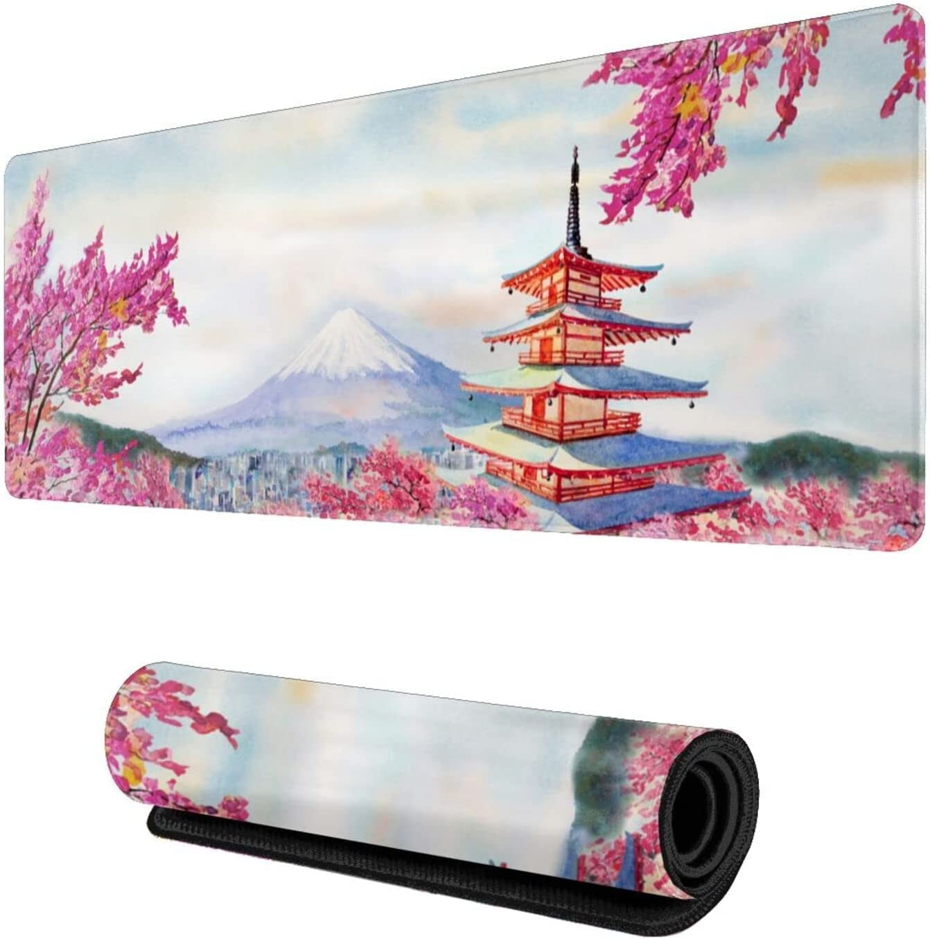 Japanese Cherry Blossom Gaming Mouse Pad XL, Extended Large Pink Full Desk Mousepad 31.5 X 11.8 Inch, Big with Stitched Edge, Non-Slip Long Computer Keyboard Mat for Office & Home Caburywe,