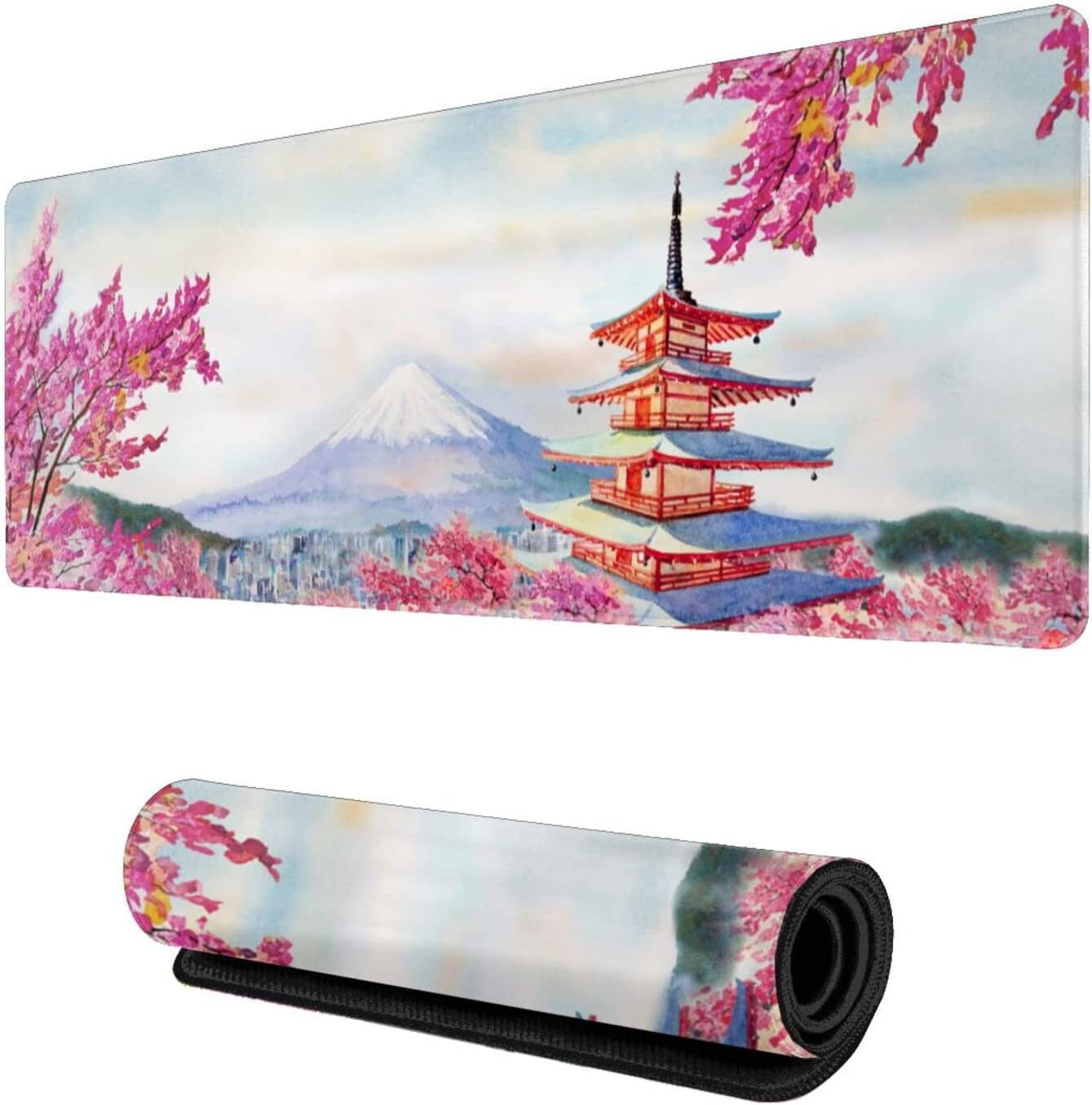Japanese Cherry Blossom Gaming Mouse Pad XL, Extended Large Pink Full Desk Mousepad 31.5 X 11.8 Inch, Big with Stitched Edge, Non-Slip Long Computer Keyboard Mat for Office & Home Caburywe,