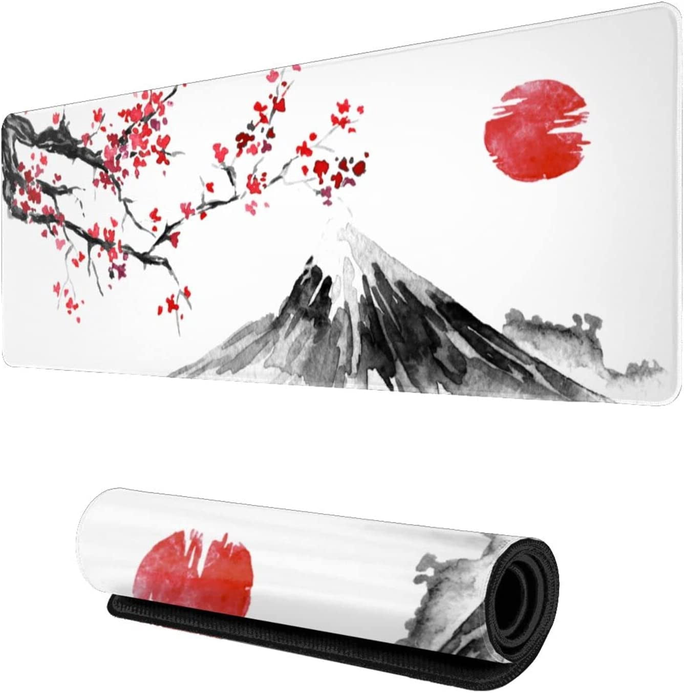 Japanese Cherry Blossom Gaming Mouse Pad XL, Extended Large White Full Desk Mousepad 31.5 X 11.8 Inch, Big Mouse Pad with Stitched Edge, Non-Slip Long Computer Keyboard Mat for Office & Home