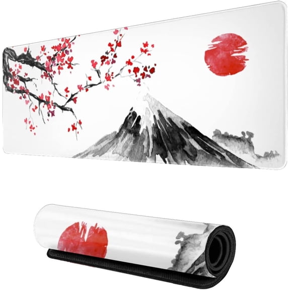 Japanese Cherry Blossom Gaming Mouse Pad XL, Extended Large White Full Desk Mousepad 31.5 X 11.8 Inch, Big Mouse Pad with Stitched Edge, Non-Slip Long Computer Keyboard Mat for Office & Home