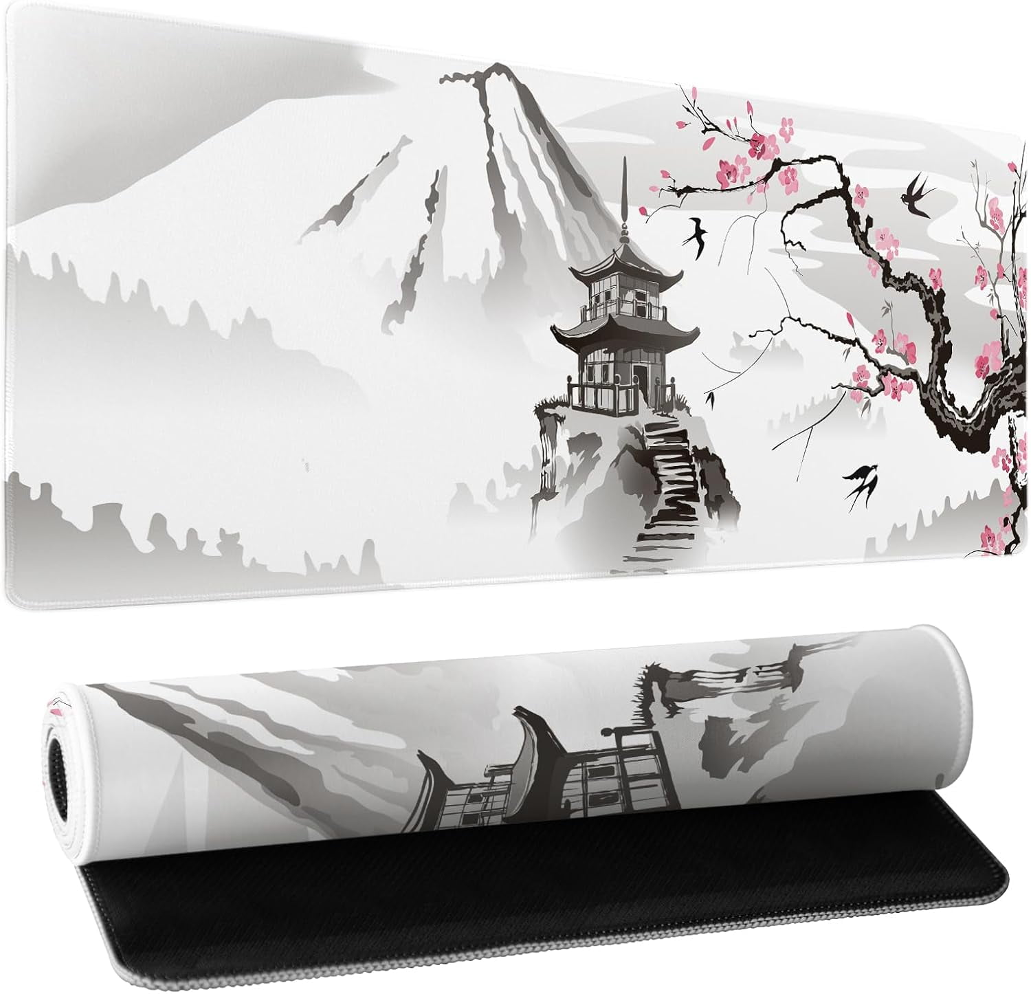 Japanese Cherry Blossom Gaming Mouse Pad XL Large Extended Sakura Desk Pad Non-Slip Rubber Base 31.5”×11.8” with Stitched Edges Waterproof Pads Computer Gaming Mousepads for Work Game Office Home