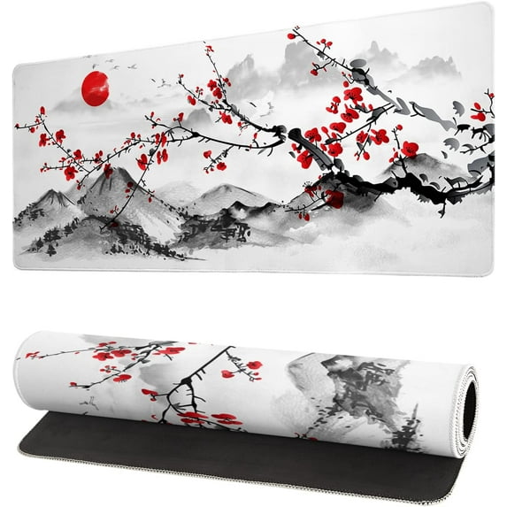 Japanese Cherry Blossom Gaming Mouse Pad31.5x11.8 Inch Pink Full Desk Japanese Sakura Gaming Mouse Pad Large Non-Slip Rubber Base Waterproof Big Keyboard Mat with Stitched Edges for Gaming Office