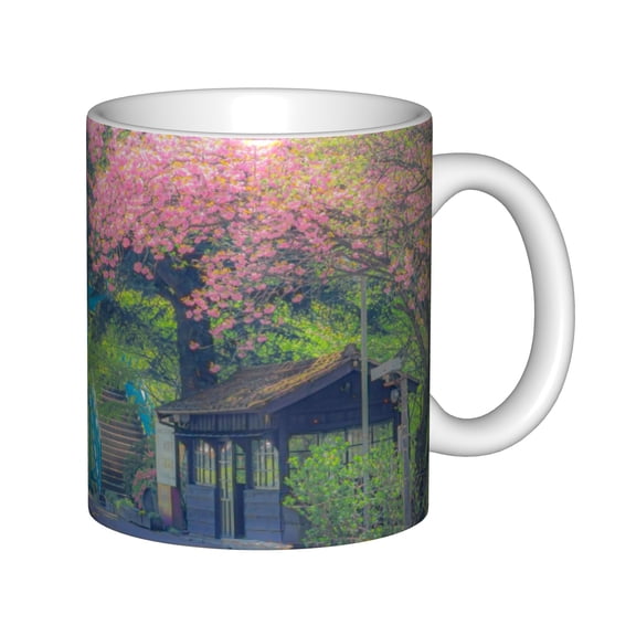Japanese Cherry Blossom House 11oz Ceramic Coffee Mug, Beautiful Spring Sakura Tree White Tea Cup Gift for Garden and Nature Lovers