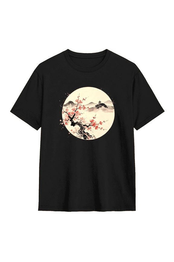 Japanese Cherry Blossom Ink Painting Graphic Tee for Men and Women Oriental Zen Bonsai Cotton Short Sleeve T Shirt