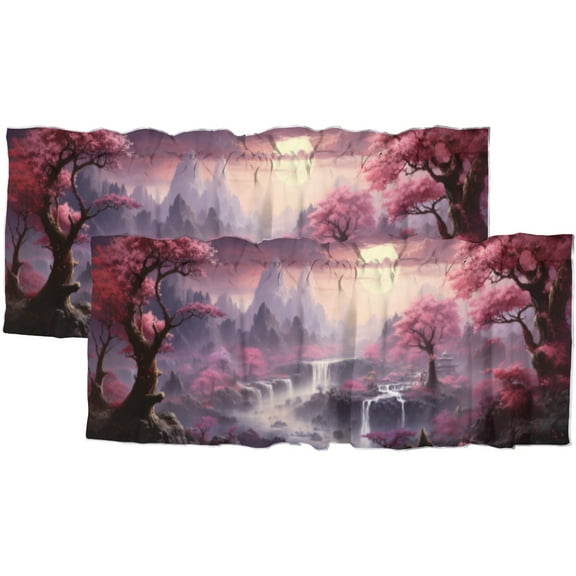 Japanese Cherry Blossom Kitchen Valance Curtains Asian Pink Flowers Waterfall Mountain Window Valance for Living Room Bedroom, Kitchen Valance Rod Pocket Window Decor Curtain 54 by 18 in, 2 Panel