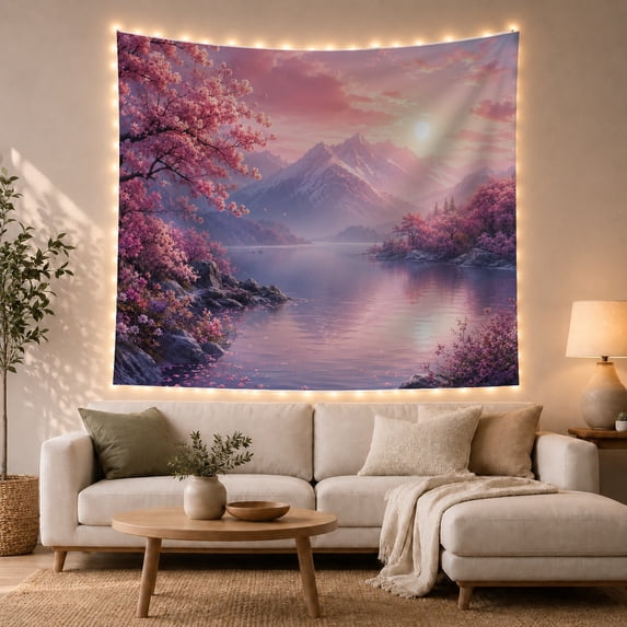 Japanese Cherry Blossom Landscape by a Sunlit Lake Dreamy Fantasy for Nature Lovers Nature Wall Art Housewarming Gift Tapestry Wall Hanging for Bedroom, Living Room and Dorm