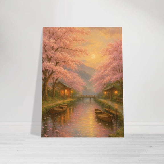 Japanese Cherry Blossom Landscape Wall Art Peaceful Sunset Wall Decor, Unframed Canvas 8x10in