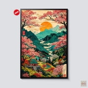 Japanese Cherry Blossom Landscape Wall Art Sakura Mountain Valley Asian Nature Decor Zen Temple Artwork Gift