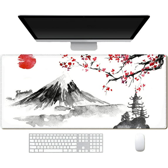 Japanese Cherry Blossom Large Gaming Mouse Pad,Long Non-Slip Rubber Base for Desk,Stitched Edges Playmat Gifts for Men Women,Mouse Mat Desk Pad for Office Home 31.5×11.8 Inch