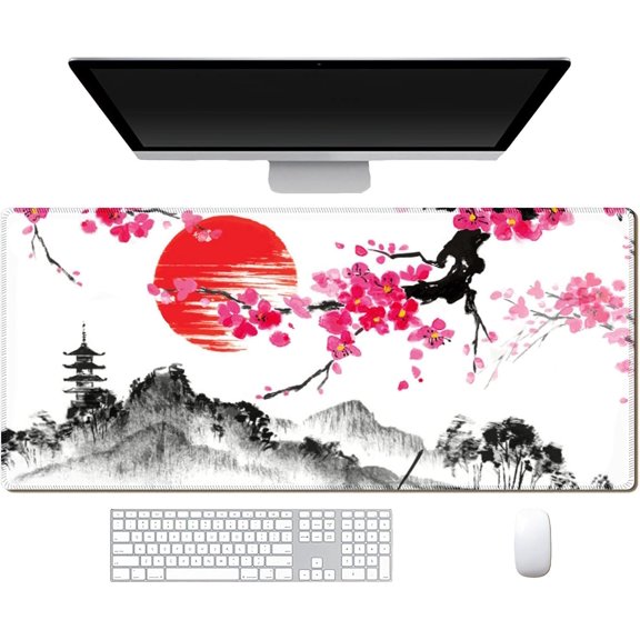 Japanese Cherry Blossom Large Mouse Pad XL Extended Gaming Mouse Pad Mat Desk Pad with Stitched Edge,Full Desk Mousepad for Office,Computer,Keyboard and Laptop,31.5 X 11.8 Inch