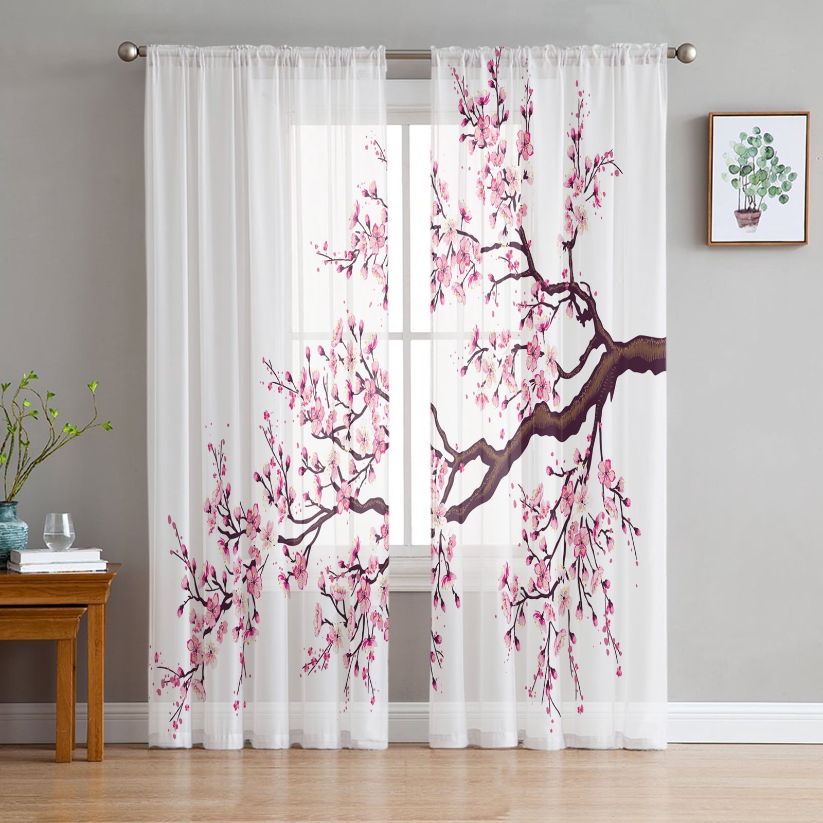 Japanese Cherry Blossom Moon Minimalist Window Tulle Curtains for