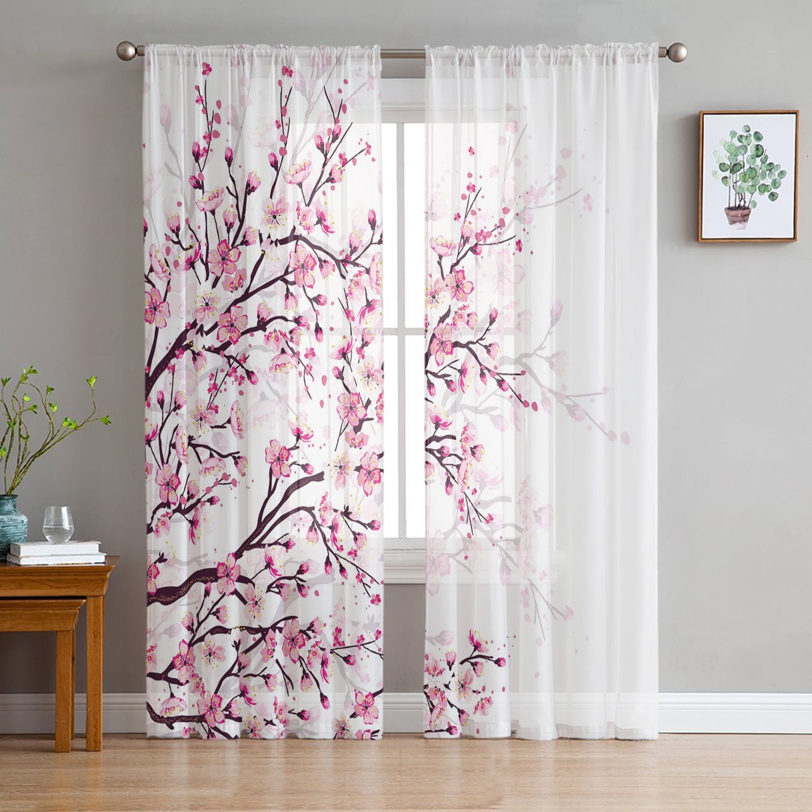 Japanese Cherry Blossom Moon Minimalist Window Tulle Curtains for