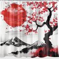Japanese Cherry Blossom Mountain Red Sun Shower Curtain Watercolor