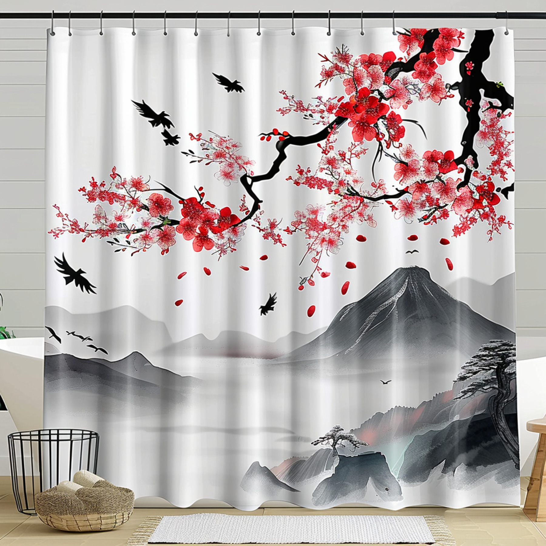 Japanese Cherry Blossom Mountain View Shower Curtain Oriental Red Flowers Ink Watercolor Design