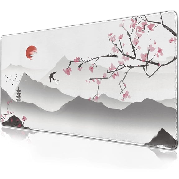 Japanese Cherry Blossom Mouse Pad Extended Gaming Mouse Pad (31.5x11.8 in) Large Sakura Non-Slip Rubber Base Desk Protector with Stitched Edges White Full Desk Mousepad XL