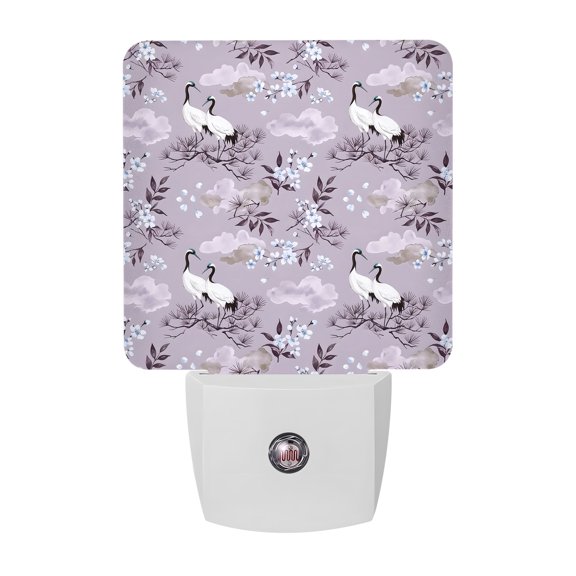 Japanese Cherry Blossom Night Lights Plug Into Wall, LED Dusk to Dawn Sensor Night Light, White Crane Purple Pine Branch Cloud Nightlight for Bedroom Bathroom Living Room Hallway Home Wall Decor