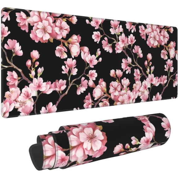 Japanese Cherry Blossom Pink Black XXL XL Large Gaming Mouse Pad for Desk, Non-Slip Long Extended Keyboard Pads Mousepad Rubber Table Mat 31.5 X 11.8 Inch