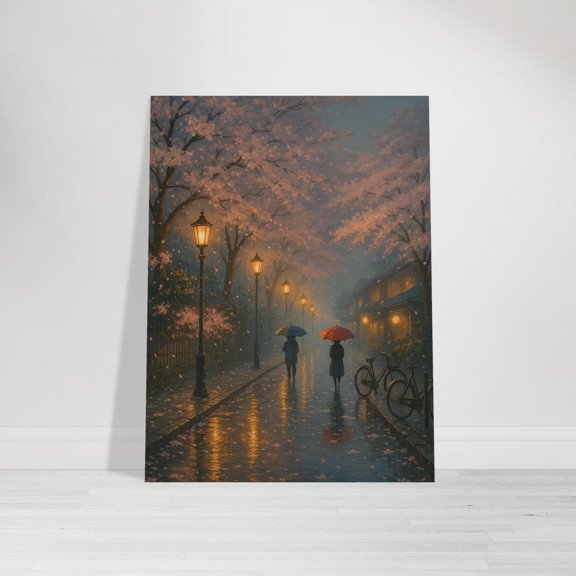 Japanese Cherry Blossom Rain Poster Wall Art Romantic Streetlight Wall Decor, Unframed Paper Poster 11x14in