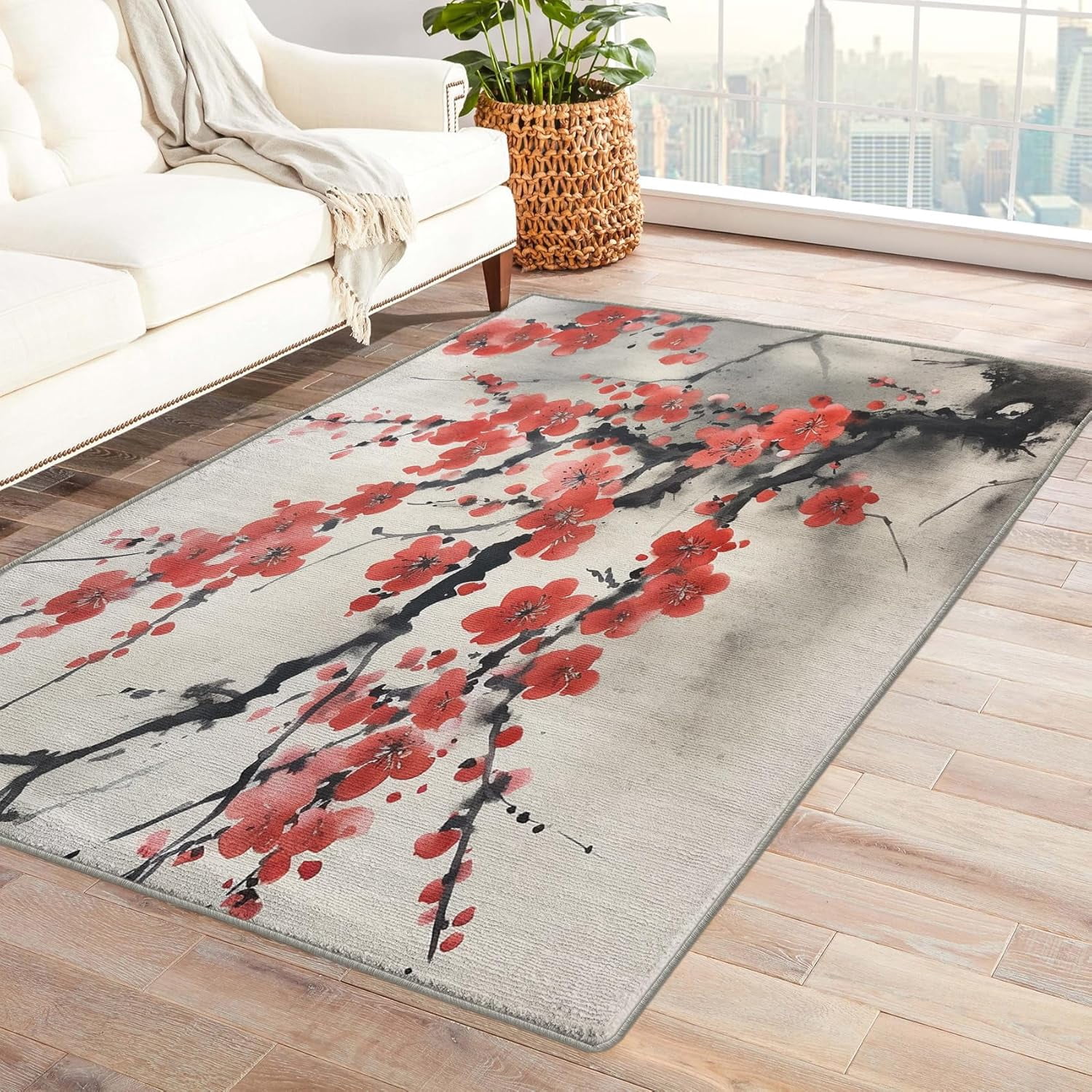 Japanese Cherry Blossom Rectangle Area Rug – Non-Slip, Machine Washable ...