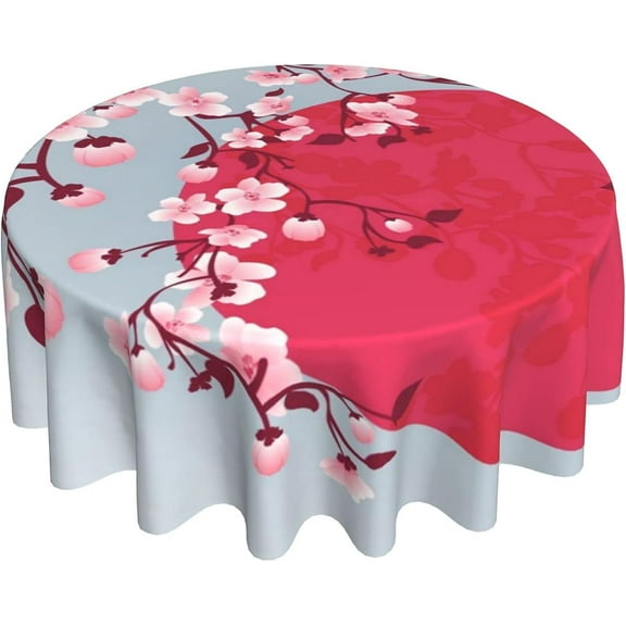 Japanese Cherry Blossom Round Tablecloth Thicken Desk Cloth Washable Table Cover Table Cloth for Kitchen Daily Dinning Party Tabletop Decor 60 Inch