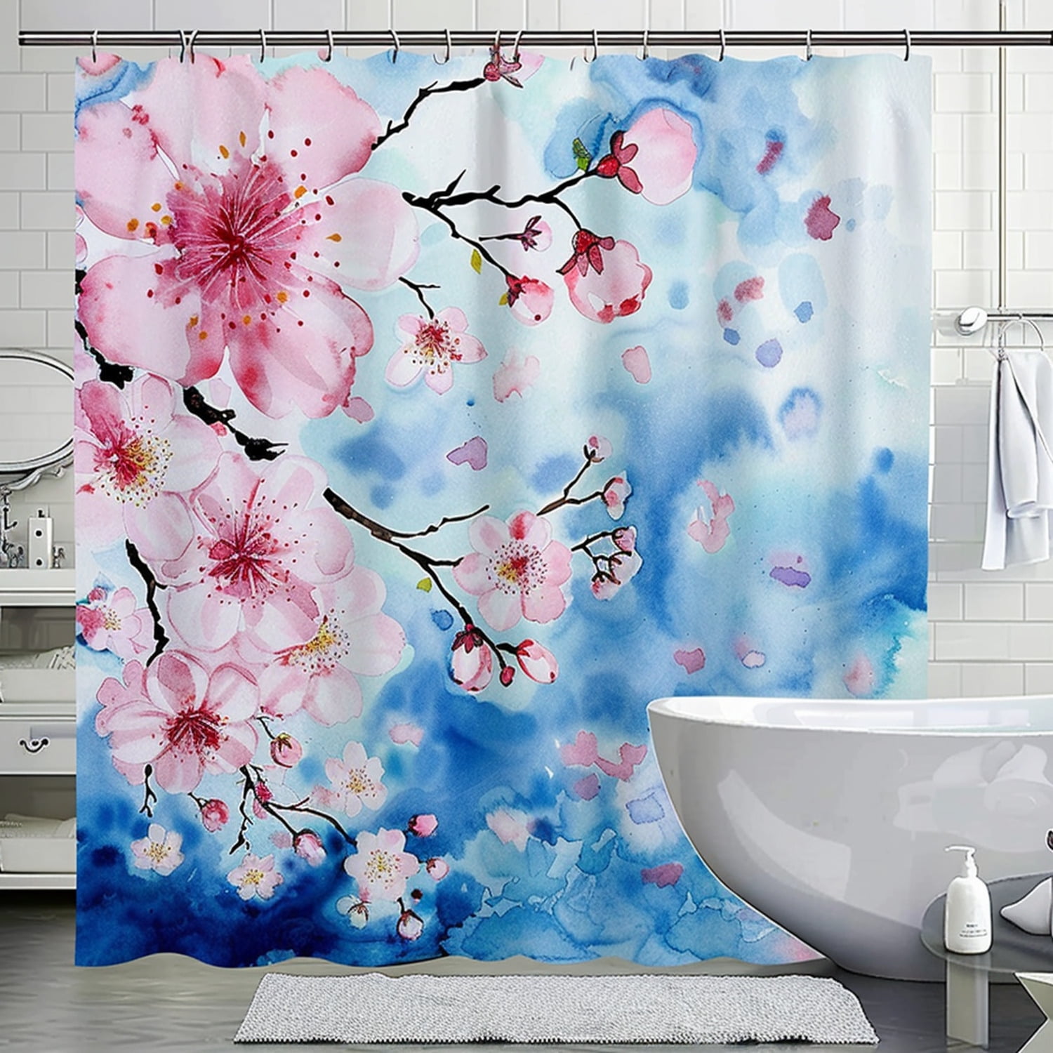 Japanese Cherry Blossom Shower Curtain Blue and Pink Floral Bathroom