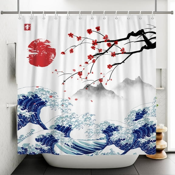 Japanese Cherry Blossom Shower Curtain Sea Wave Fabric Bath Curtains Asian Anime Bathroom Decor with Hooks 72Wx72L Inch