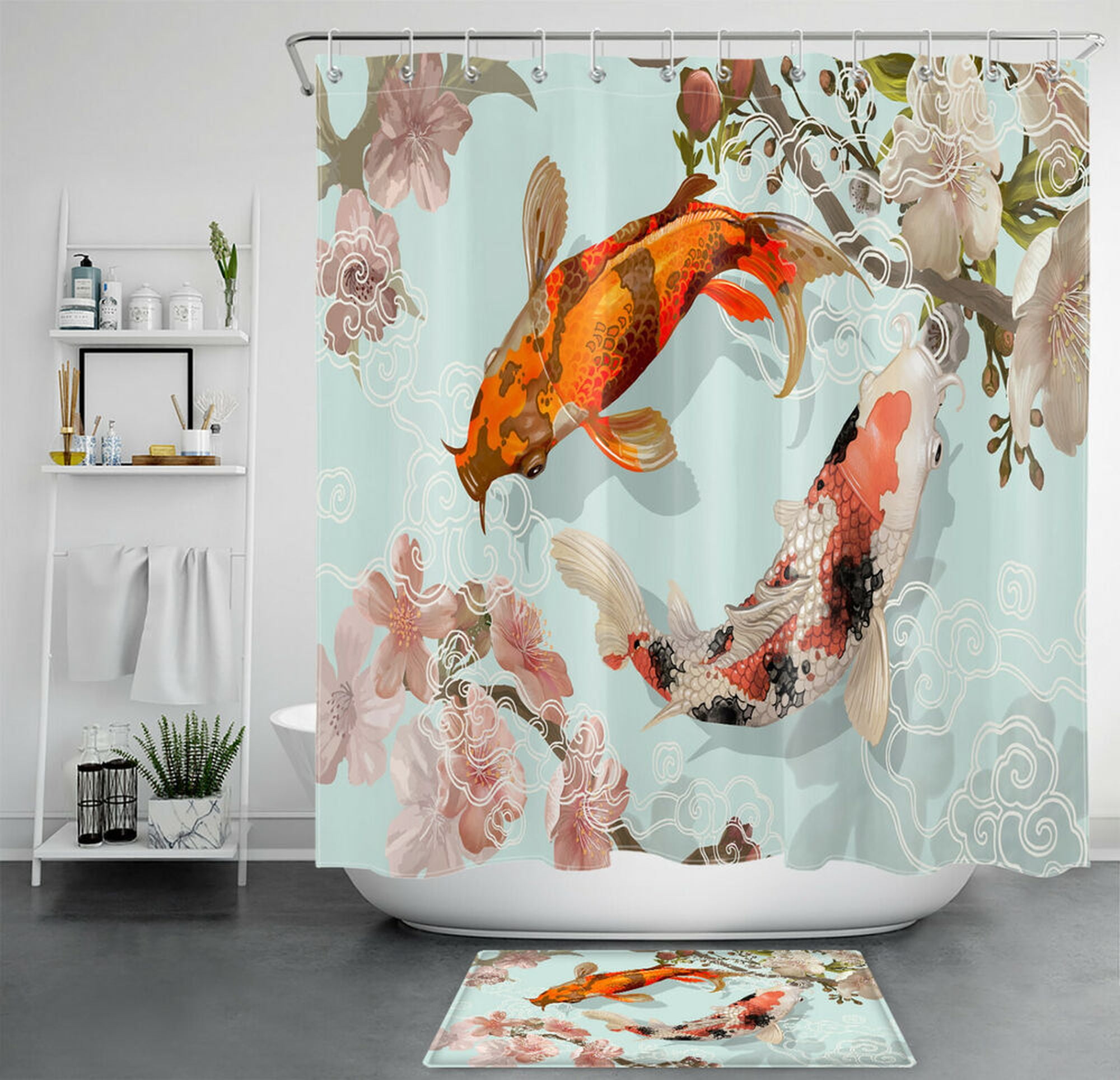 Japanese Cherry Blossom Shower Curtain Set - Vintage Style Bathroom Decor with Hooks - Elegant ...