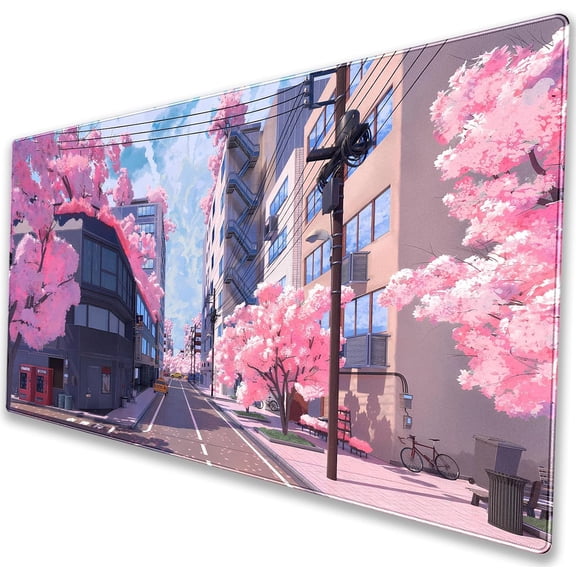 Japanese Cherry Blossom Street Desk Mat Extended Gaming Mouse Pad vivid pink sakura Japanese cherry blossom street, anime city building & blue sky art print. 31.5" × 11.8"