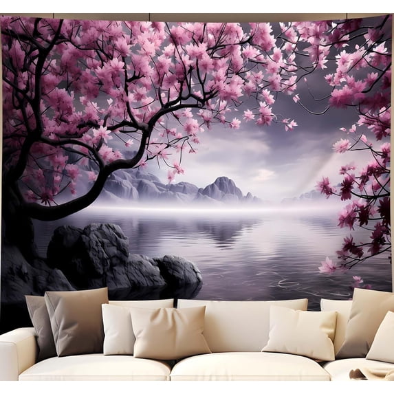Japanese Cherry Blossom Tapestry Wall Hanging Asian Anime Nature Mountain Wall Art Calming Lake Ocean Tapestries for Bedroom Living Room Decor 60x50in