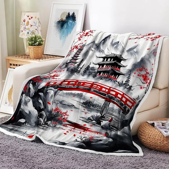 Japanese Cherry Blossom Throw Blanket, Mountain Cherry Branches Red Sun Ink Painting Asian Nature Scenery Soft Warm Flannel Black White Grey Throw Blanket,50X60