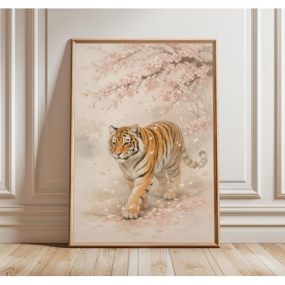 Japanese Cherry Blossom Tiger Print Sakura Tiger Wall Art Soft Pastel Animal Art Zen Japandi Decor Elegant Wildlife, Unframed Paper Print
