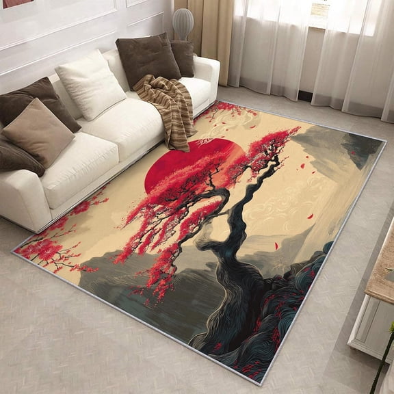 Japanese Cherry Blossom Tree Area Rug, Asian Oriental Pattern Carpet, Washable Non Slip Low Pile Soft Thin, Living Room Bedroom Home Decor Mat 5x6ft
