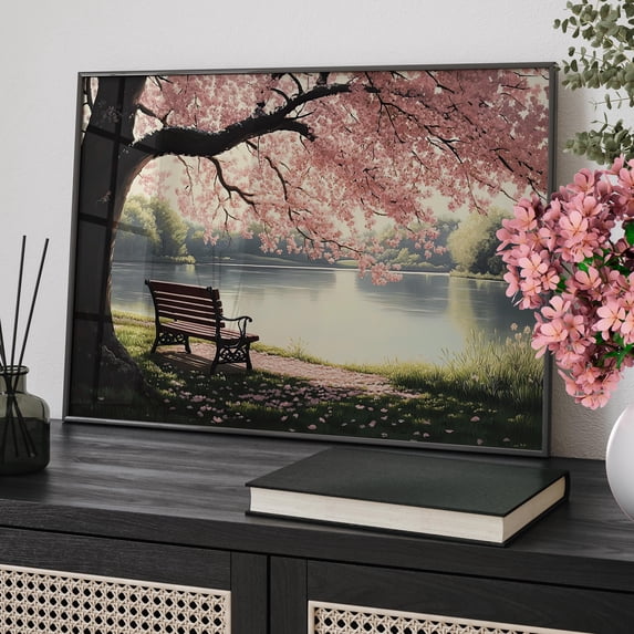 Japanese Cherry Blossom Tree By The Lake Oil Or Serene Park Sakura Tree ...