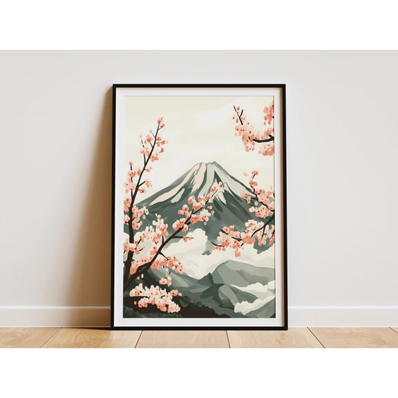Japanese Cherry Blossom Tree Poster Mount Fuji Art Print Asian Landscape Wall Decor Pink Flowers and Mountain Scene Modern Minimalist Home - Poster Unframed