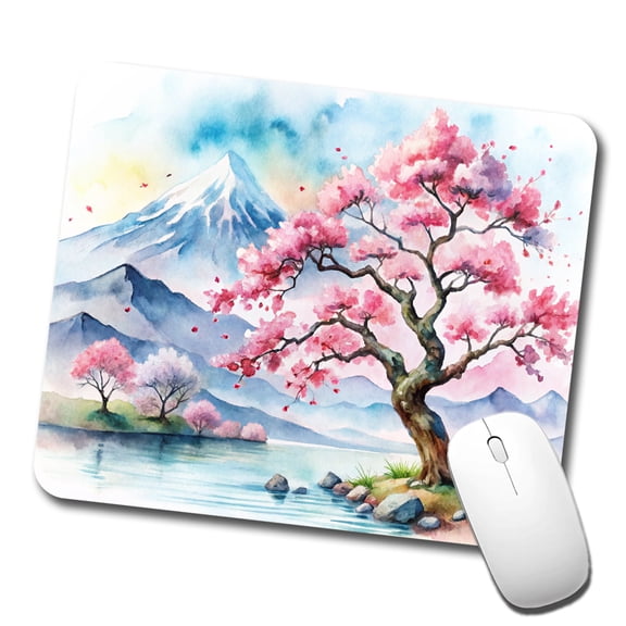 Japanese Cherry Blossom Tree Scene Watercolor Mouse Pad Low Profile Gaming Mat