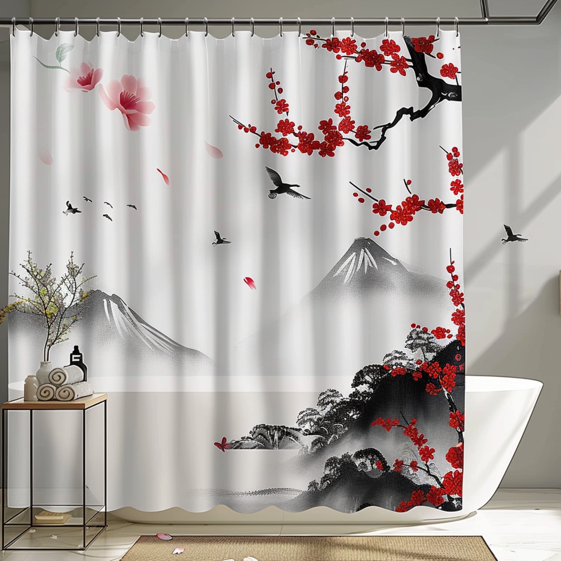 Japanese Cherry Blossom Tree Shower Curtain Mount Fuji Snowcapped Peak ...