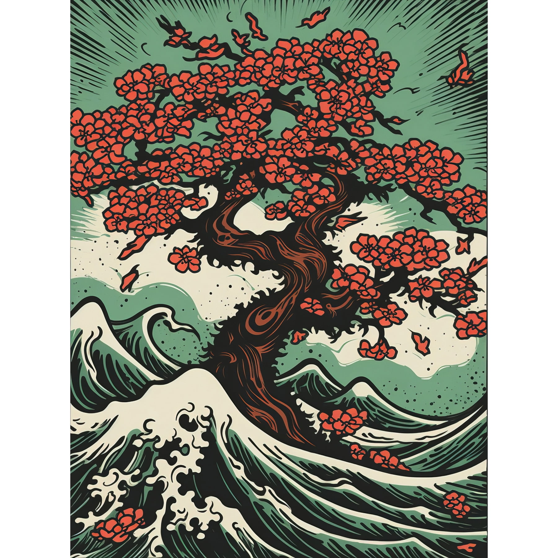 Japanese Cherry Blossom Tree and Wavy Sea Rockabilly