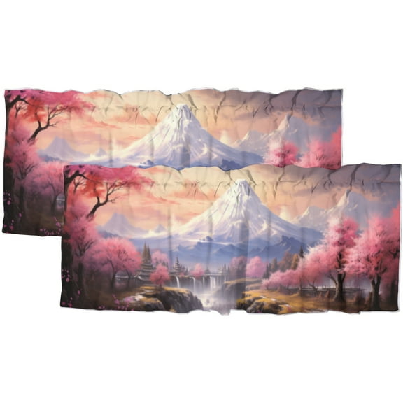 Japanese Cherry Blossom Valance Rod Pocket Window Curtain for Kitchen Spring Pink Floral Romantic Scenery Window Treatment for Living Room Bedroom Bathroom 54 by 18 in, 2 Panel