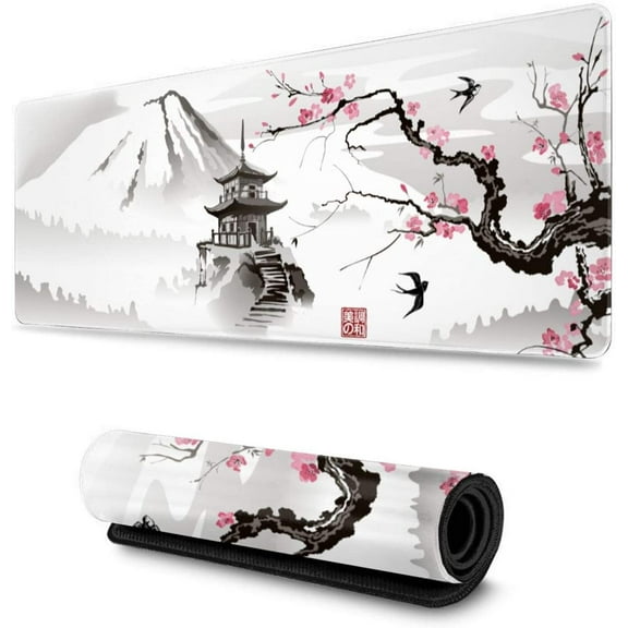 Japanese Cherry Blossom White Gaming Mouse Pad XL, Extended Large Mouse Mat Desk Pad, Stitched Edges Mousepad, Long Nonslip Rubber Base Mice Pad, 31.5 X 11.8 Inch