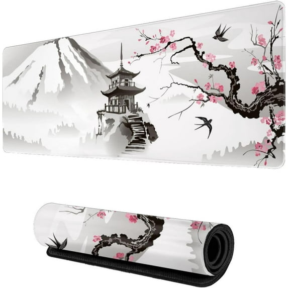 Japanese Cherry Blossom White Gaming Mouse Pad XL, Extended Large Mouse Mat Desk Pad, Stitched Edges Mousepad, Long Nonslip Rubber Base Mice Pad, 31.5 X 11.8 Inch