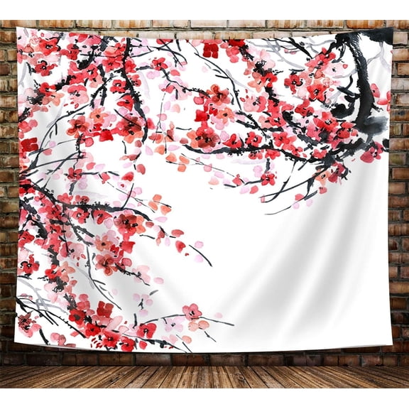 Japanese Cherry BlossomTapestry, Anime Spring Plum Red Pink Floral Sakura Flower Tapestry Wall Hanging for Living Room Bedroom Dorm Decor, Asian Black and White Tapestry, 80X60in Small Japan Tapestry