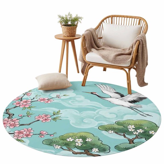 Japanese Cherry Blossoms Cranes Area Rug for Bedroom Living Room Rug 3ft, Soft Sponge Cushioned Non-Slip Washable Round Rugs, Pineapple Clouds Round Rugs for Dining Room Office Nursery Home